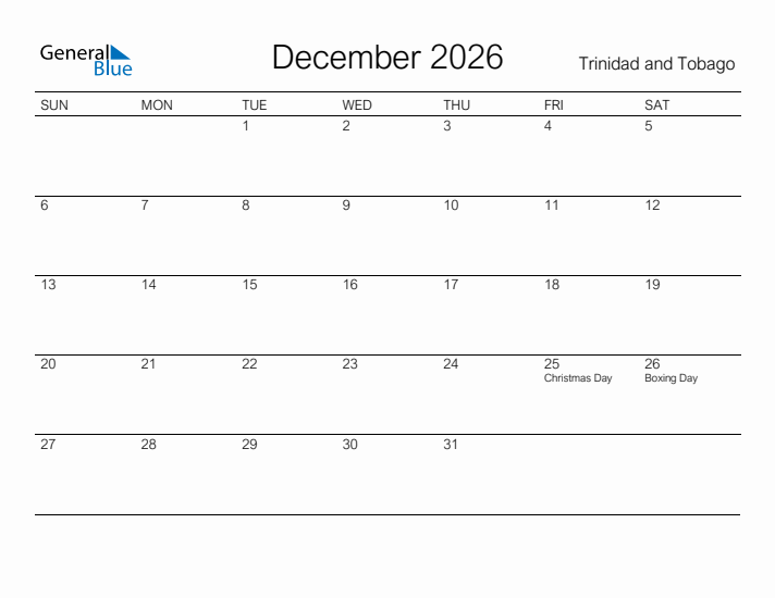 Printable December 2026 Calendar for Trinidad and Tobago