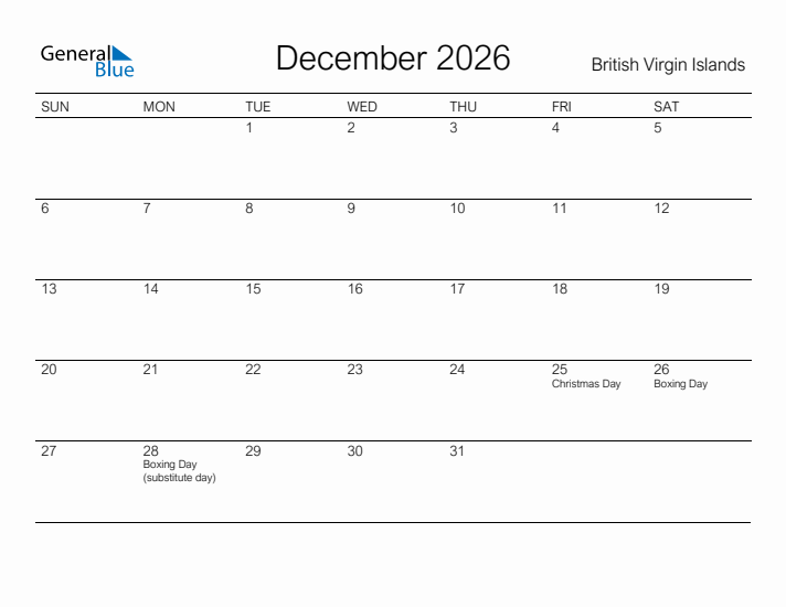 Printable December 2026 Calendar for British Virgin Islands