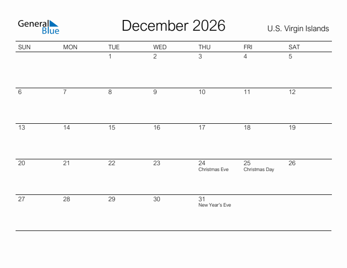 Printable December 2026 Calendar for U.S. Virgin Islands