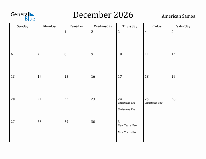 December 2026 Calendar American Samoa