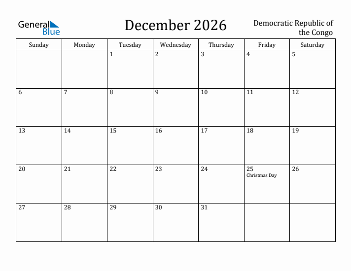 December 2026 Calendar Democratic Republic of the Congo