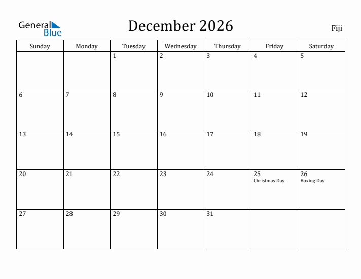 December 2026 Calendar Fiji
