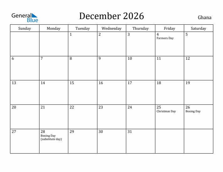 December 2026 Calendar Ghana