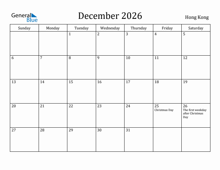 December 2026 Calendar Hong Kong