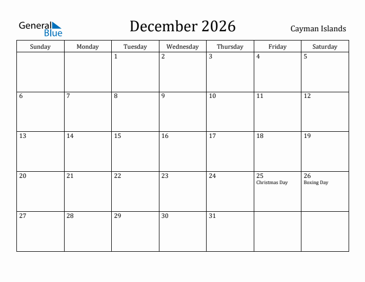 December 2026 Calendar Cayman Islands