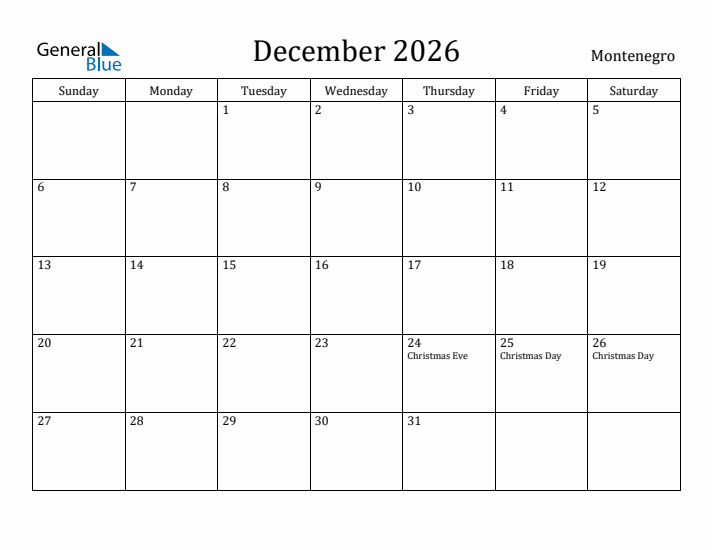 December 2026 Calendar Montenegro