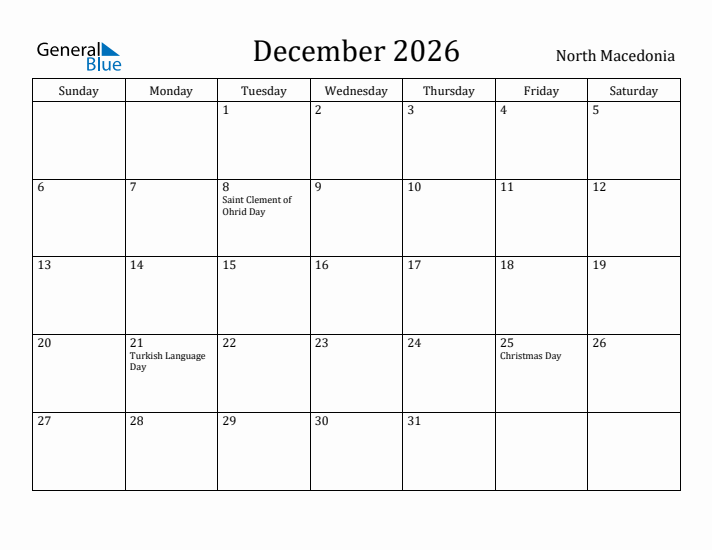 December 2026 Calendar North Macedonia