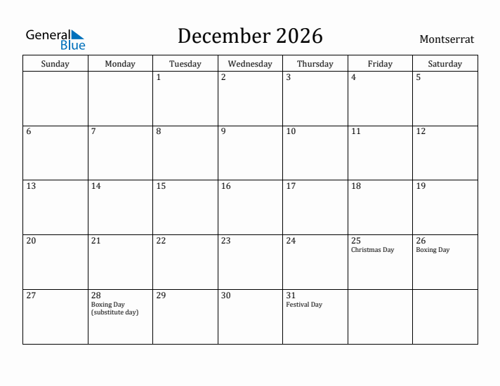 December 2026 Calendar Montserrat
