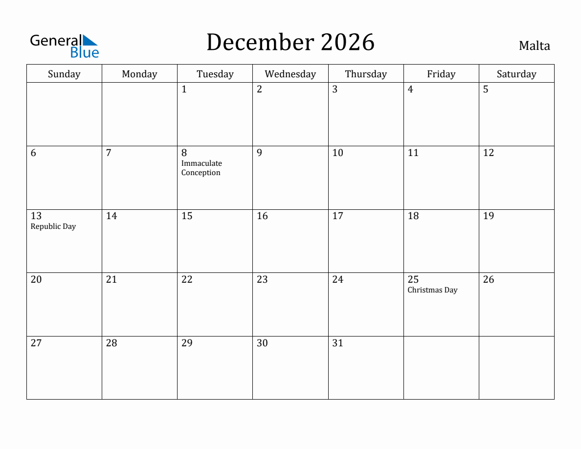 December 2026 Monthly Calendar with Malta Holidays