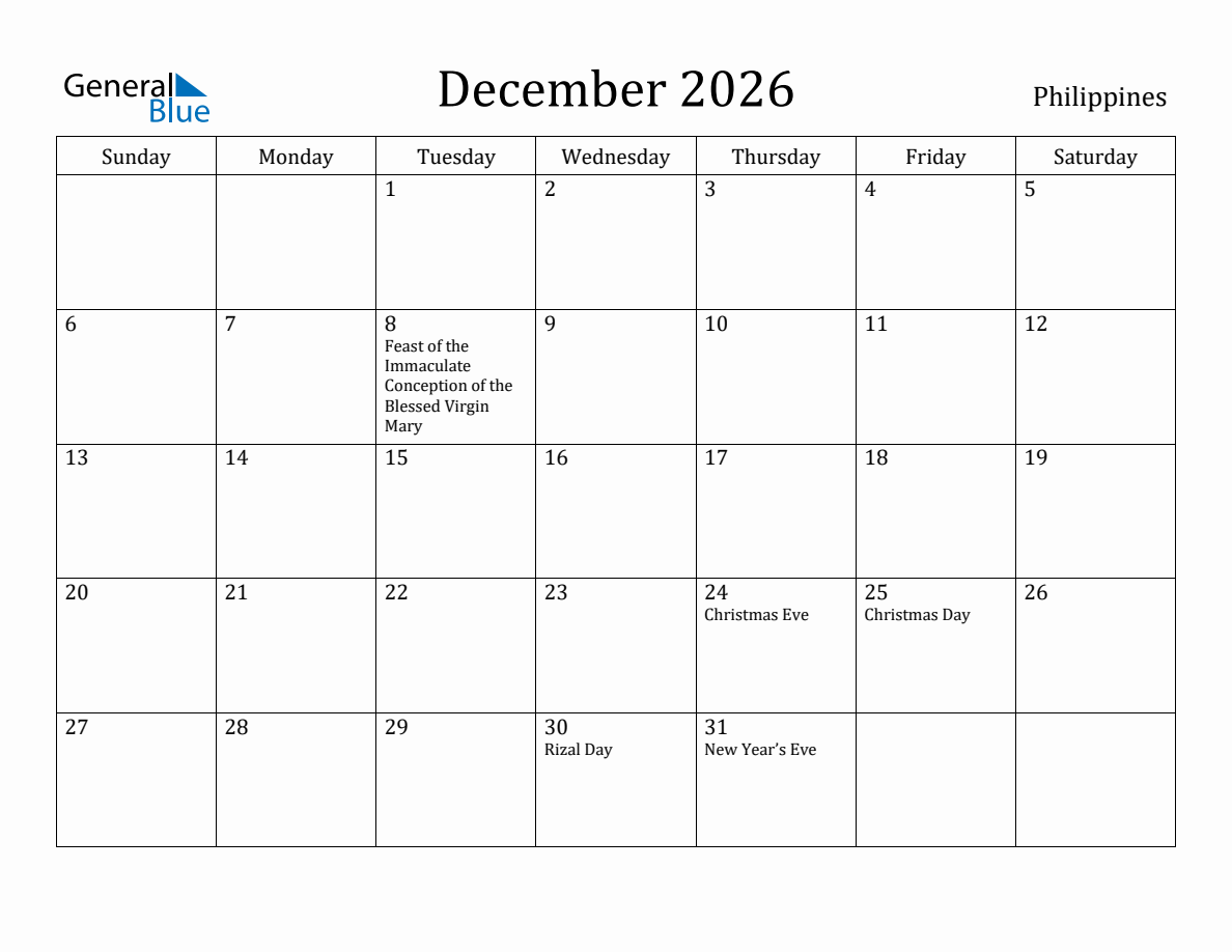 December 2026 Monthly Calendar with Philippines Holidays