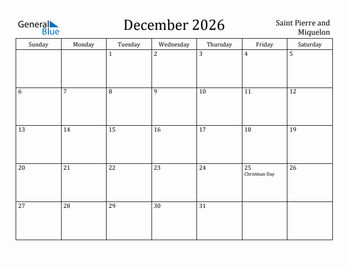December 2026 Calendar Saint Pierre and Miquelon