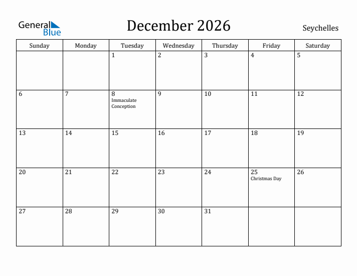 December 2026 Calendar Seychelles