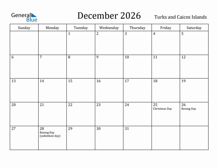 December 2026 Calendar Turks and Caicos Islands