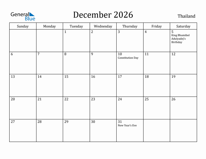 December 2026 Calendar Thailand