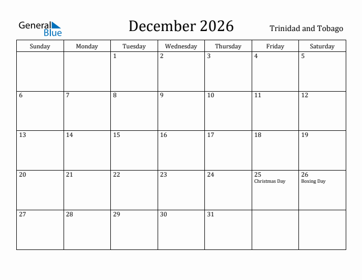 December 2026 Calendar Trinidad and Tobago