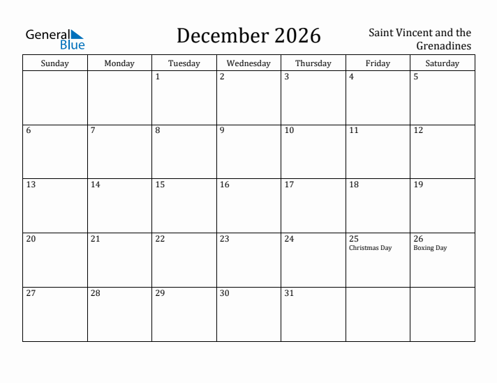 December 2026 Calendar Saint Vincent and the Grenadines