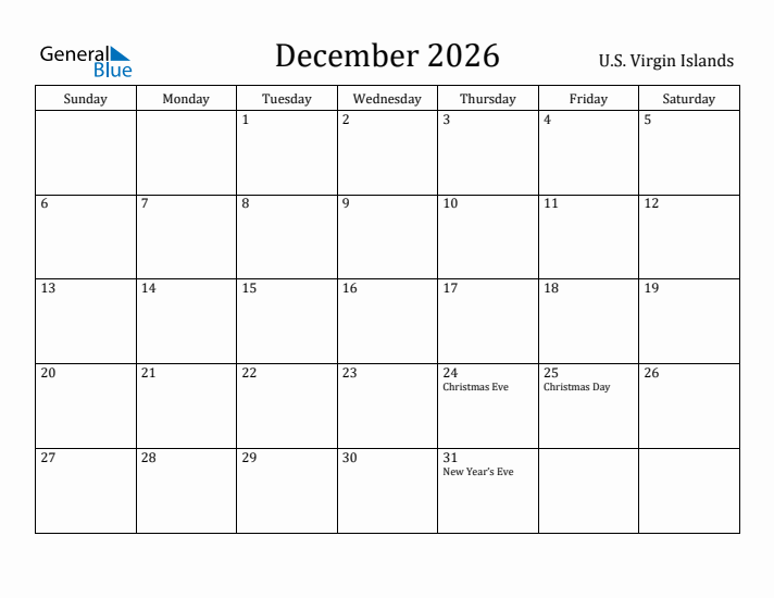 December 2026 Calendar U.S. Virgin Islands