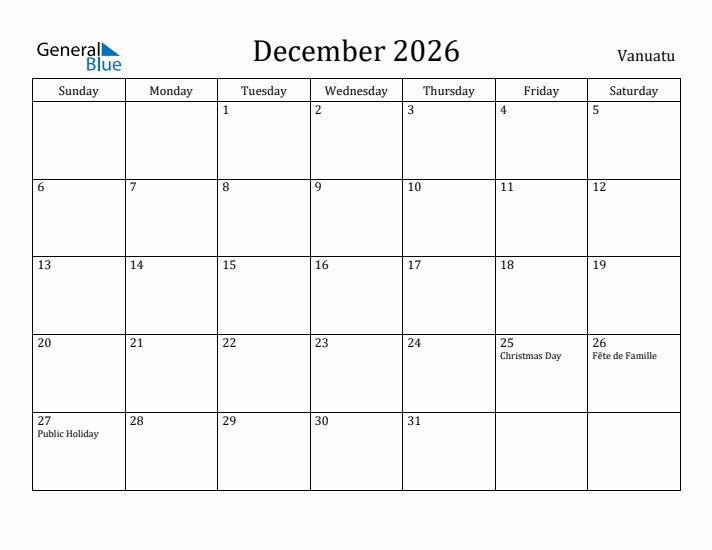 December 2026 Calendar Vanuatu