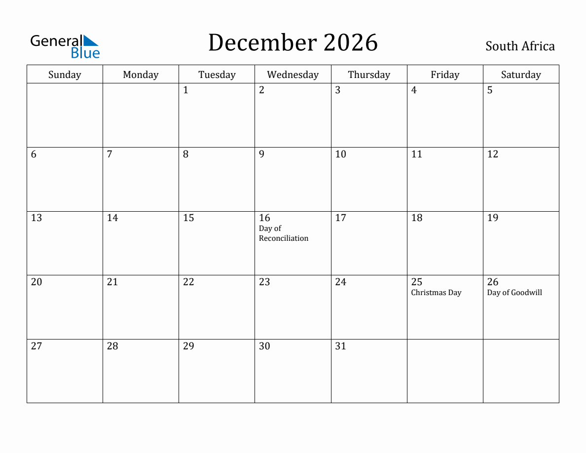 December 2026 Monthly Calendar with South Africa Holidays
