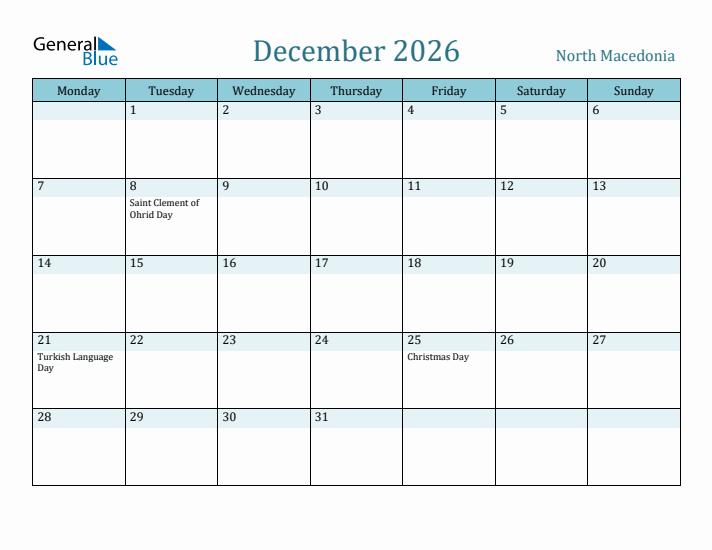 December 2026 Calendar with Holidays