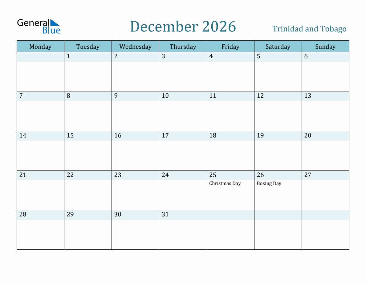 Trinidad and Tobago Holiday Calendar for December 2026 (Monday Start)