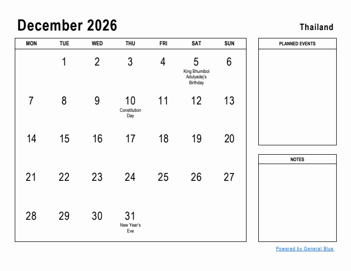December 2026 Printable Monthly Calendar with Thailand Holidays