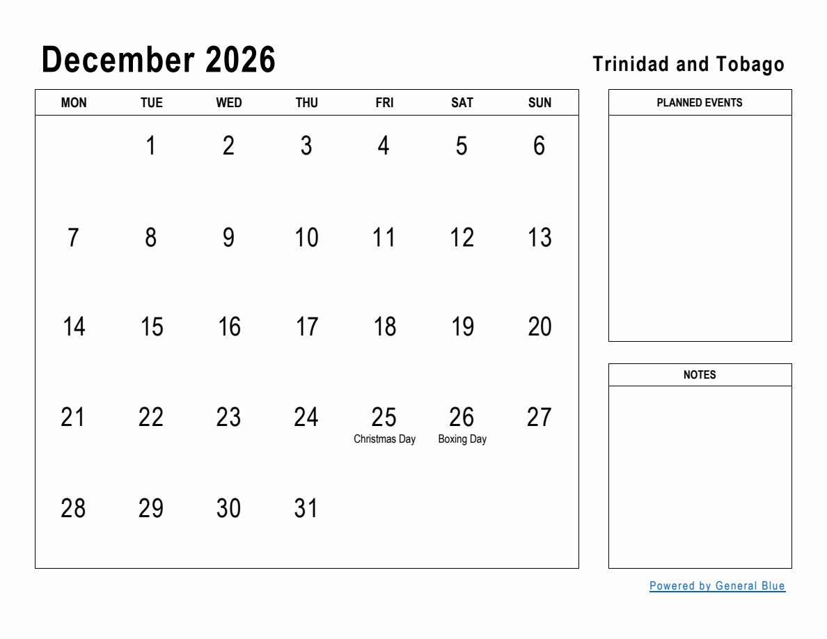 December 2026 Planner with Trinidad and Tobago Holidays (Monday Start)