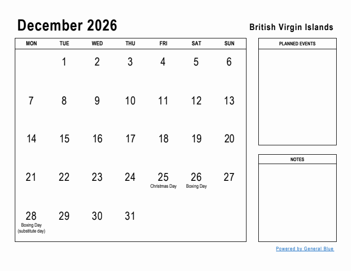 December 2026 Printable Monthly Calendar with British Virgin Islands Holidays