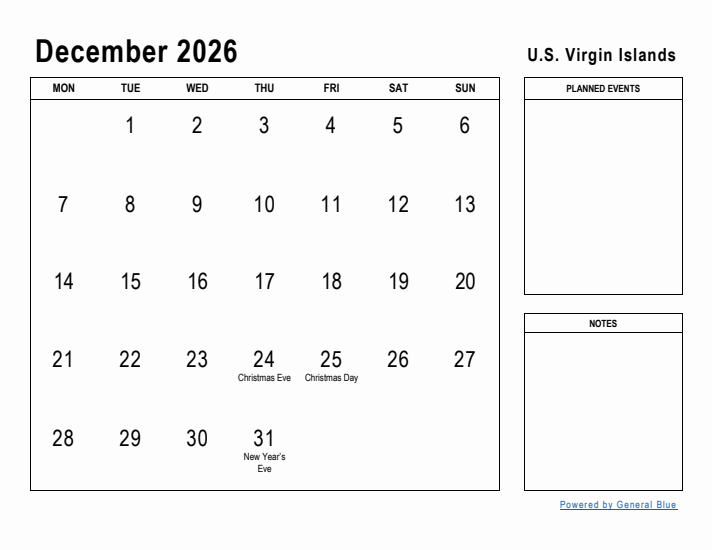 December 2026 Printable Monthly Calendar with U.S. Virgin Islands Holidays