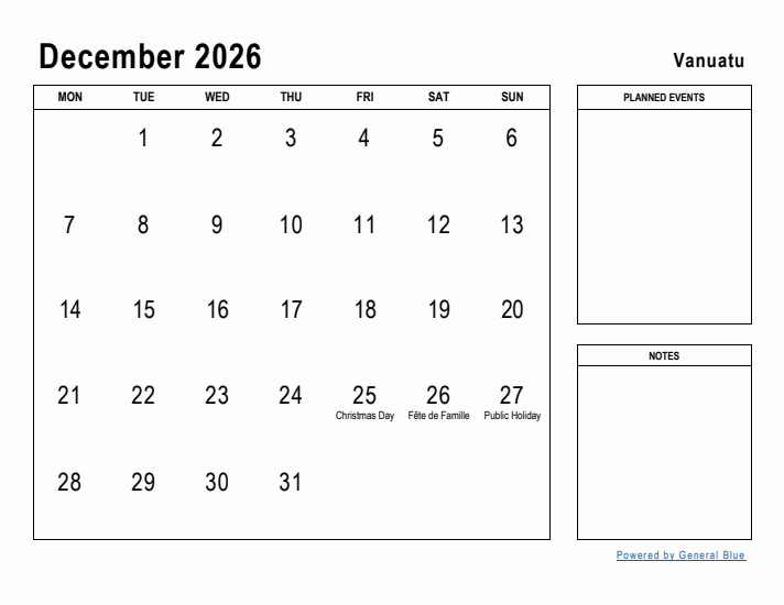 December 2026 Printable Monthly Calendar with Vanuatu Holidays