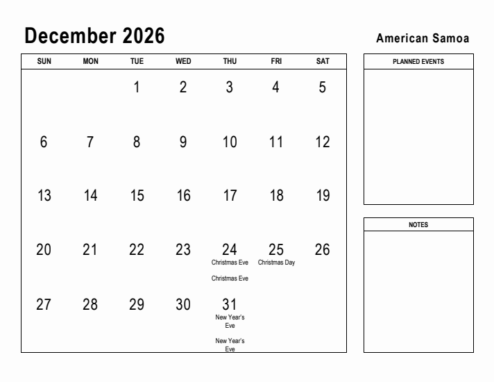 December 2026 Printable Monthly Calendar with American Samoa Holidays