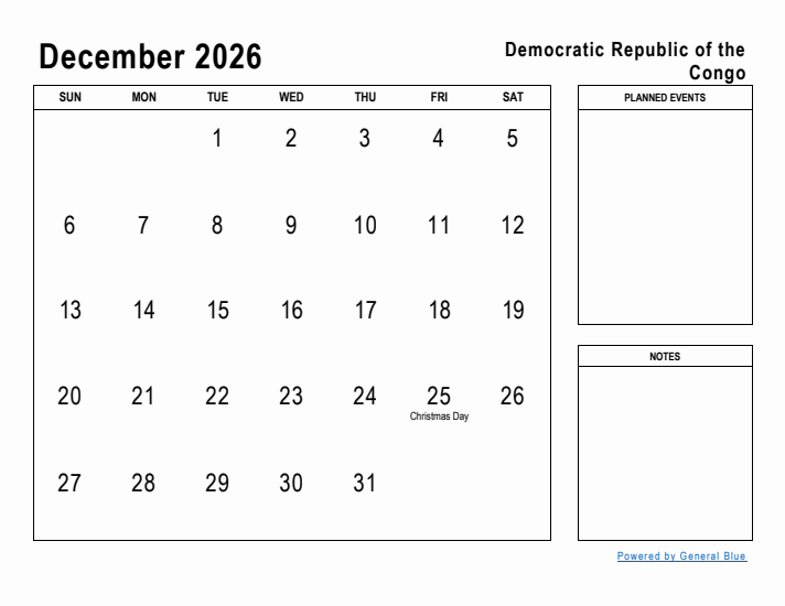 December 2026 Printable Monthly Calendar with Democratic Republic of the Congo Holidays