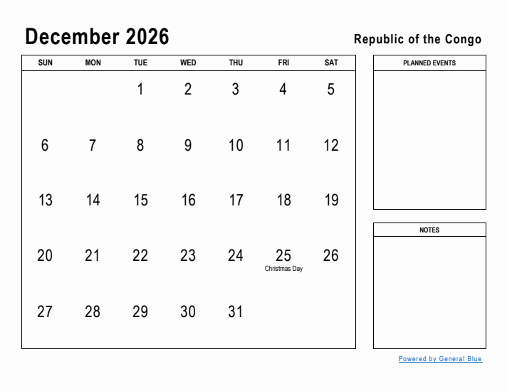 December 2026 Printable Monthly Calendar with Republic of the Congo Holidays
