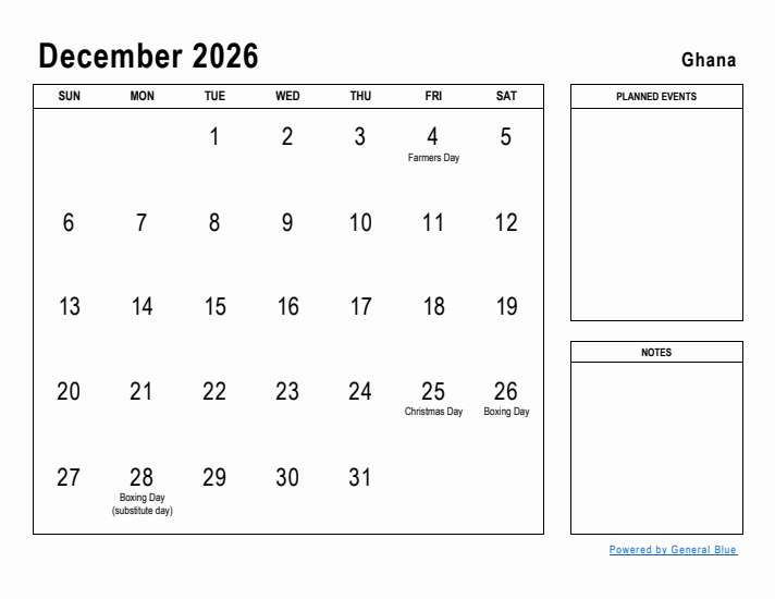 December 2026 Printable Monthly Calendar with Ghana Holidays