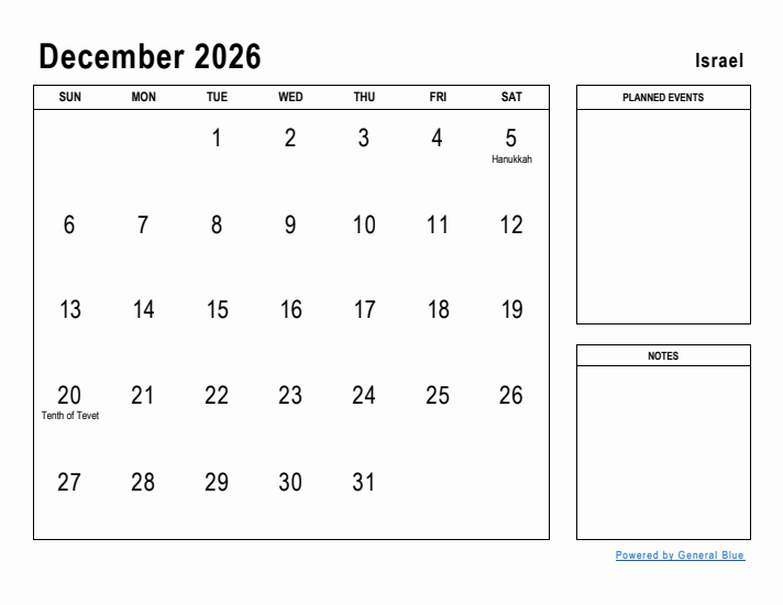 December 2026 Printable Monthly Calendar with Israel Holidays
