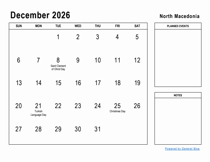 December 2026 Printable Monthly Calendar with North Macedonia Holidays