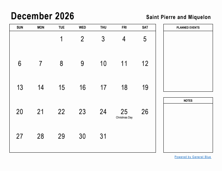 December 2026 Printable Monthly Calendar with Saint Pierre and Miquelon Holidays