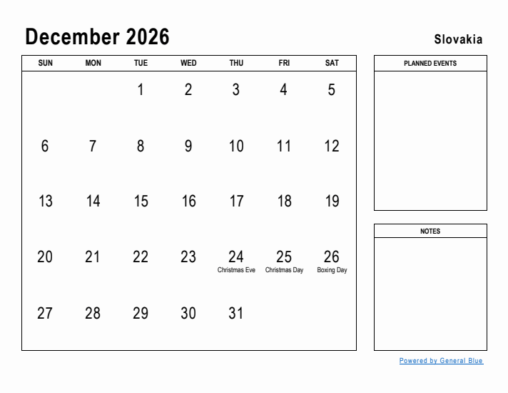 December 2026 Printable Monthly Calendar with Slovakia Holidays
