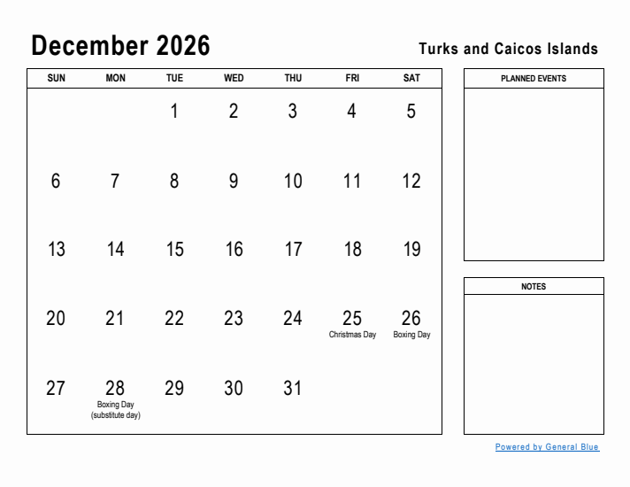 December 2026 Printable Monthly Calendar with Turks and Caicos Islands Holidays