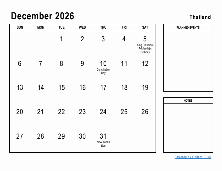December 2026 Printable Monthly Calendar with Thailand Holidays