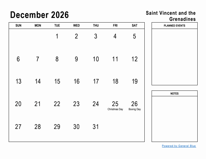 December 2026 Printable Monthly Calendar with Saint Vincent and the Grenadines Holidays