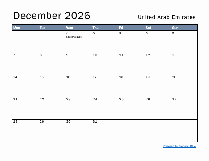 December 2026 Simple Monthly Calendar for United Arab Emirates