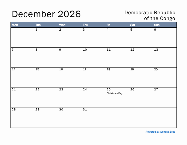 December 2026 Simple Monthly Calendar for Democratic Republic of the Congo