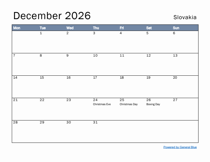 December 2026 Simple Monthly Calendar for Slovakia
