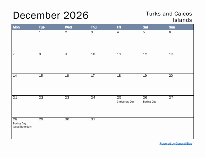 December 2026 Simple Monthly Calendar for Turks and Caicos Islands