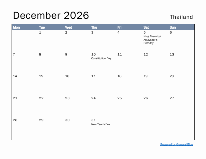 December 2026 Simple Monthly Calendar for Thailand