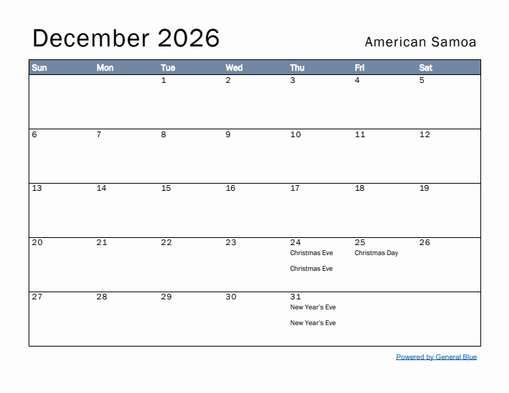 December 2026 Simple Monthly Calendar for American Samoa