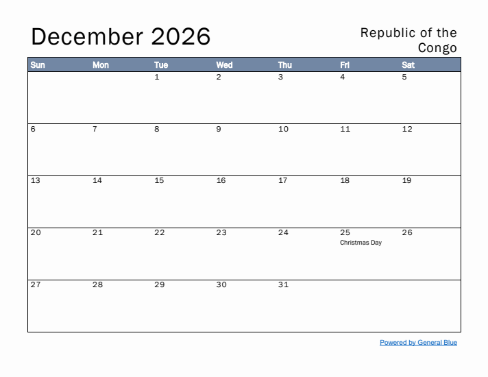 December 2026 Simple Monthly Calendar for Republic of the Congo