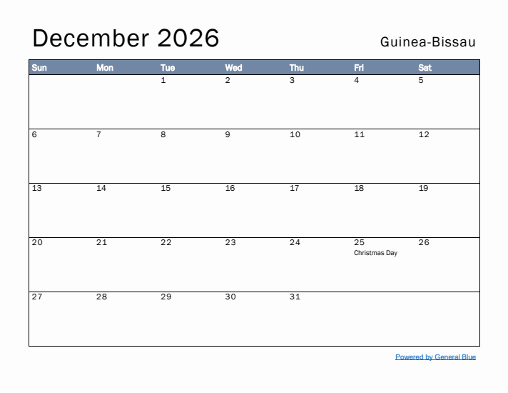 December 2026 Simple Monthly Calendar for Guinea-Bissau