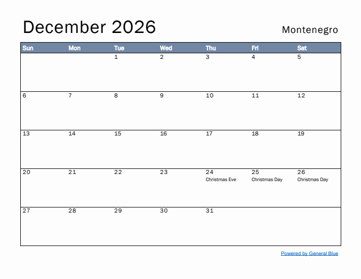 December 2026 Simple Monthly Calendar for Montenegro